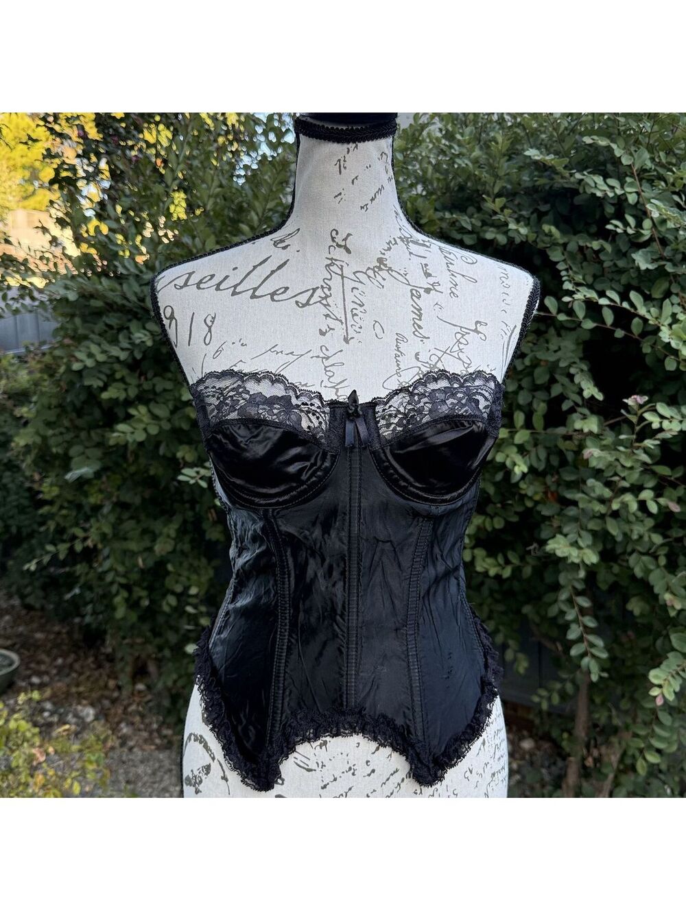 Vintage 80s Satin Corset Fredericks of Hollywood 36 M/L Black Lace Bustier Top
